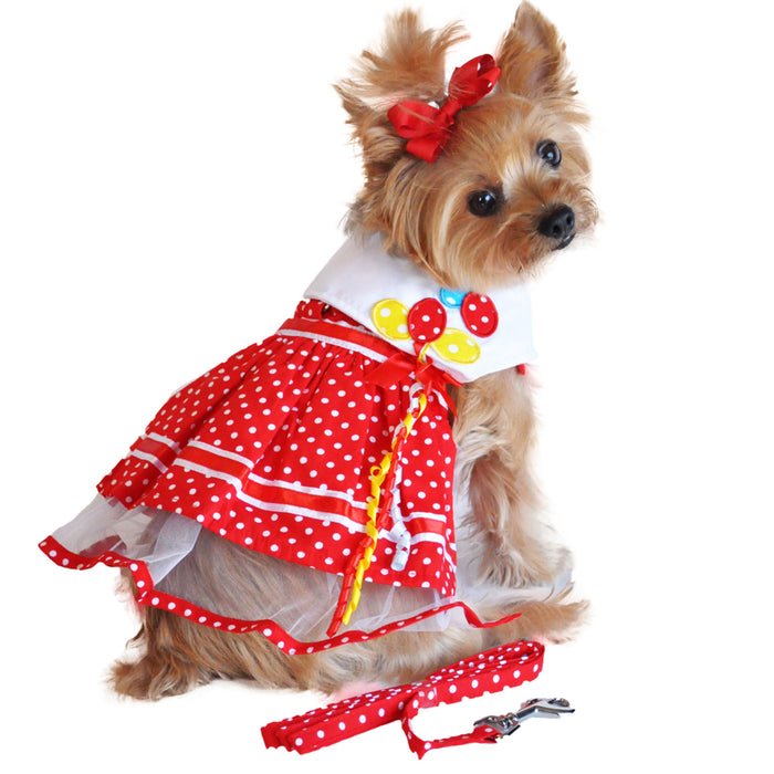 Red Polka Dot Balloon Designer Doggie Dress with Matching Leash