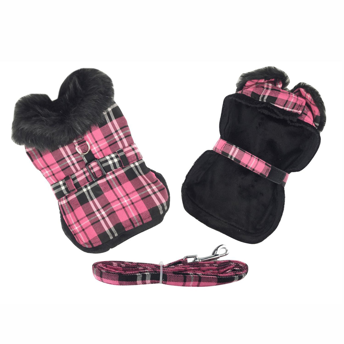 PINK WOOL FUR TRIMMED DOG HARNESS & COAT W/ LEASH SET main image 0