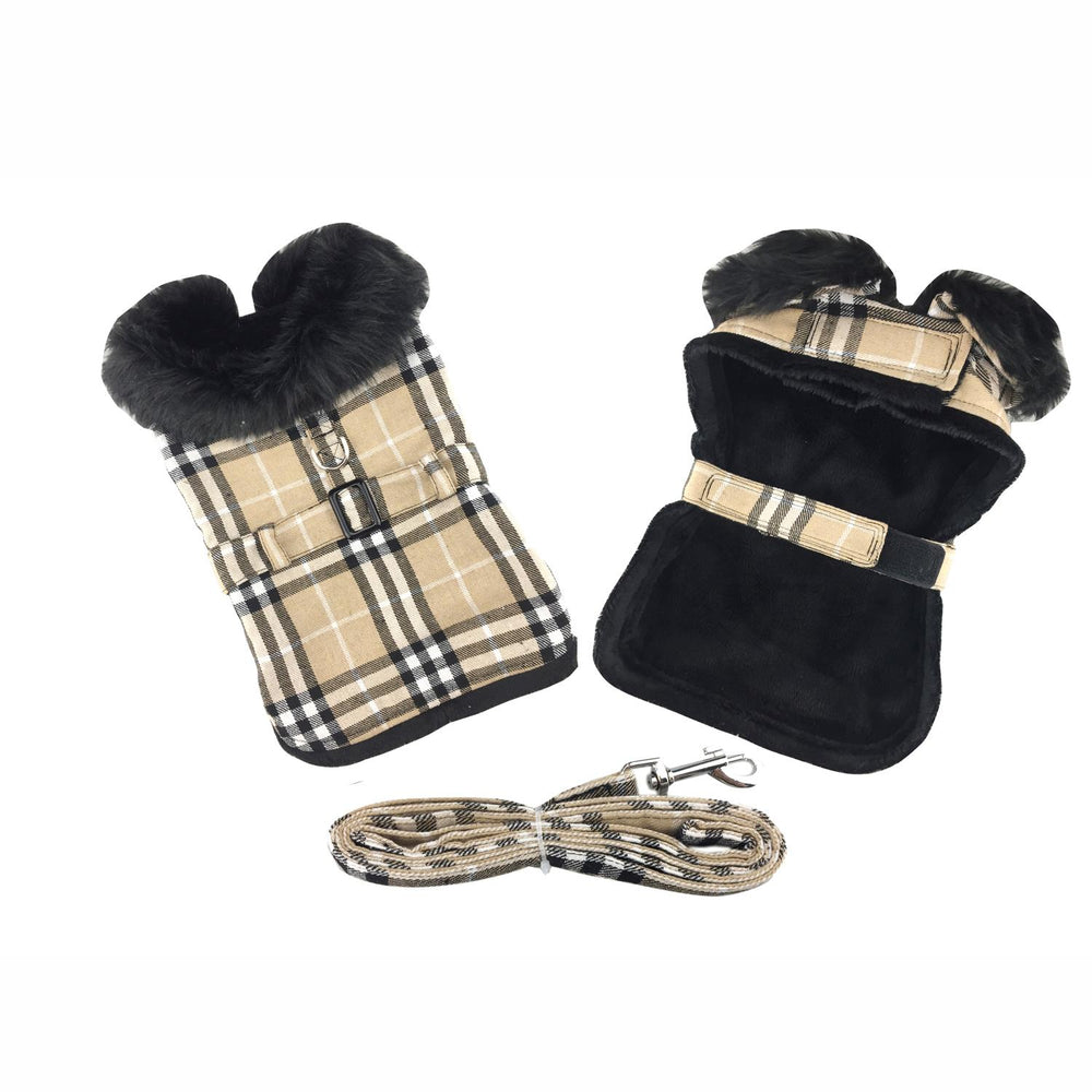 Brown Plaid Classic Doggie Harness Coat with Matching Leash